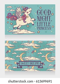 sweet cards for good night with stars and unicorn, vector illustration