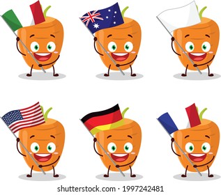 Sweet carrot cartoon character bring the flags of various countries. Vector illustration