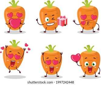 Sweet carrot cartoon character with love cute emoticon. Vector illustration