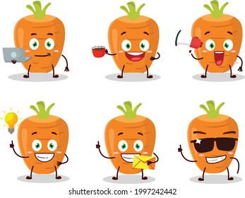 Sweet carrot cartoon character with various types of business emoticons. Vector illustration