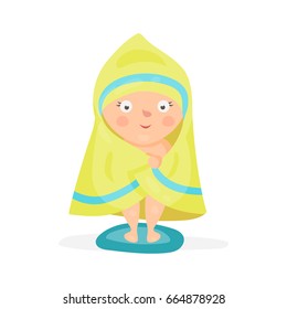 Sweet cartoon baby wrapped in a yellow towel after taking a bath colorful character vector Illustration