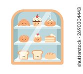 Sweet cartoon bakery display case filled with adorable smiling breads, pastries, and cake for delightful designs