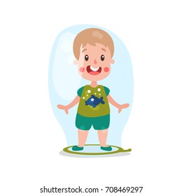 Sweet cartoon blonde little boy standing inside giant soap bubble vector Illustration