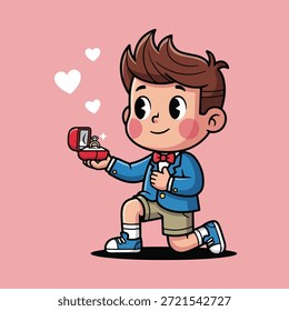 Un niño de dibujos animados dulce arrodillado mientras sostiene un joyero abierto con un anillo de diamantes brillantes, rodeado de corazones sobre un fondo rosa suave.