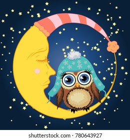 A sweet cartoon brown owl in a blue cap sits on a dozing crescent against the background of a night sky with stars