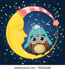 A sweet cartoon brown owl in a blue cap sits on a dozing crescent against the background of a night sky with stars