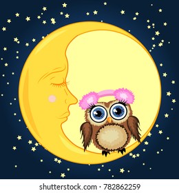 A sweet cartoon brown owl in soft headphones sits on a drowsy crescent moon against a background of a night sky with stars