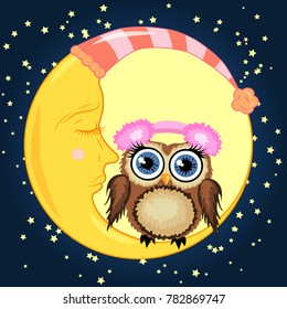 A sweet cartoon brown owl in soft headphones sits on a drowsy crescent moon against a background of a night sky with stars