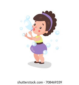 Sweet cartoon brunette little girl blowing and playing with soap bubbles vector Illustration