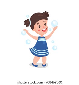 Sweet cartoon brunette little girl playing with soap bubbles vector Illustration