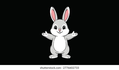 Sweet cartoon bunny rabbit with grey fur and large ears standing with open arms against a solid black background for high contrast.