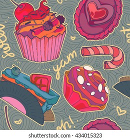 Sweet cartoon cakes pattern with calligraphy on grey swirl background. Seamless vector hand-drawn pattern