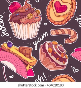 Sweet cartoon cakes pattern with calligraphy on black background. Seamless vector hand-drawn pattern