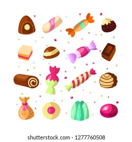 Sweet cartoon candy set. Collection of sweets, cartoon style. Jelly, candy, cakes, sweet donut and marmelade. Huge set of cartoon doodle form candies and sweets. Lollipop, cotton, donut and striped