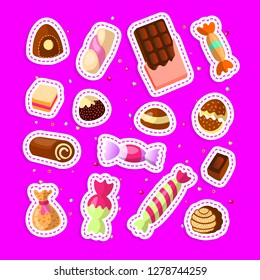 Sweet cartoon candy set. Collection of sweets, cartoon style. Jelly, candy, cakes, sweet donut and marmelade. Huge set of cartoon doodle form candies and sweets. Lollipop, cotton, donut and striped