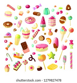 Sweet cartoon candy set. Collection of sweets, cartoon style. Jelly, candy, cakes, sweet donut and marmelade. Huge set of cartoon doodle form candies and sweets. Lollipop, cotton, donut and striped