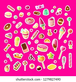 Sweet cartoon candy set. Collection of sweets, cartoon style. Jelly, candy, cakes, sweet donut and marmelade. Huge set of cartoon doodle form candies and sweets. Lollipop, cotton, donut and striped