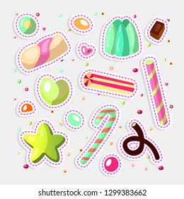Sweet cartoon candy set. Collection of sweets, cartoon style. Jelly, candy, cakes, sweet donut and marmelade. Huge set of cartoon doodle form candies and sweets. Lollipop, cotton, donut and striped