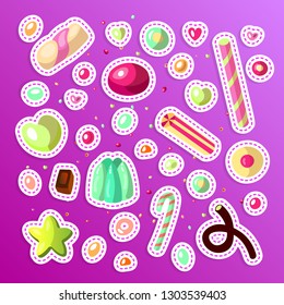 Sweet cartoon candy set. Collection of sweets, cartoon style. Jelly, candy, cakes, sweet donut and marmelade. Huge set of cartoon doodle form candies and sweets. Lollipop, cotton, donut and striped