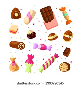Sweet cartoon candy set. Collection of sweets, cartoon style. Jelly, candy, cakes, sweet donut and marmelade. Huge set of cartoon doodle form candies and sweets. Lollipop, cotton, donut and striped