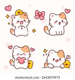Sweet cartoon cat and chick in lovely poses—winking, holding hearts, and playing. Decorated with bows, hearts, and stars. Ideal for stickers and kawaii-themed designs.