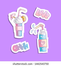 Sweet cartoon cocktails, vector sticker illustration. Blue and pink sweet cocktails with sweet foam, words love and ohh. Sweet cartoon cocktails, girl fashion style on violet background