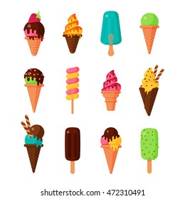 Sweet cartoon cold ice cream set and tasty cartoon frozen icecream collection vector delicious