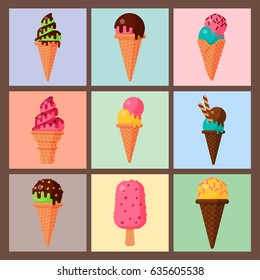 Sweet cartoon cold ice cream cards set tasty frozen icecream collection vector delicious colorful desserts