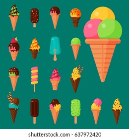 Sweet cartoon cold ice cream set and tasty frozen icecream collection vector delicious colorful desserts