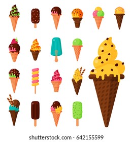 Sweet cartoon cold ice cream set and tasty frozen icecream collection vector delicious colorful desserts