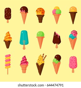 Sweet cartoon cold ice cream set and tasty frozen icecream collection vector delicious colorful desserts