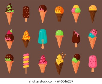 Sweet cartoon cold ice cream set and tasty frozen icecream collection vector delicious colorful desserts