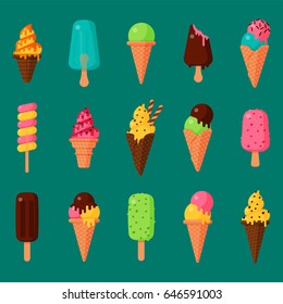 Sweet cartoon cold ice cream set and tasty frozen icecream collection vector delicious colorful desserts