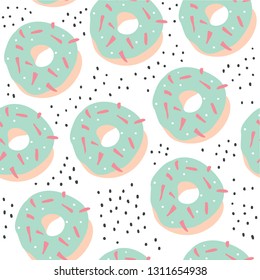 Sweet cartoon colorful donuts seamless pattern. Top View Doughnuts collection for menu design, cafe decoration, delivery box, tshirt, fabric, textile. vector illustration in flat style - Vector