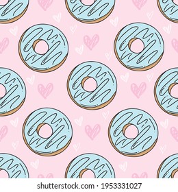 Sweet cartoon colorful donuts seamless pattern. Top View Doughnuts collection for menu design, cafe decoration, delivery box, tshirt, fabric, textile. vector illustration in flat style - Vector