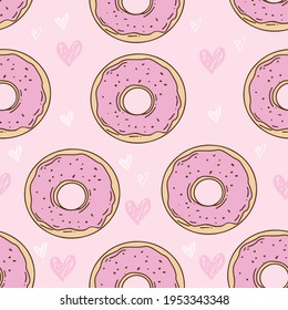Sweet cartoon colorful donuts seamless pattern. Top View Doughnuts collection for menu design, cafe decoration, delivery box, tshirt, fabric, textile. vector illustration in flat style - Vector