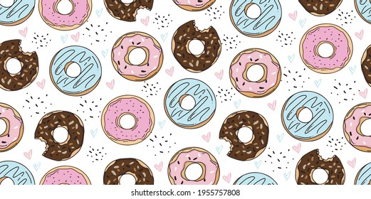 Sweet cartoon colorful donuts seamless pattern. Top View Doughnuts collection for menu design, cafe decoration, delivery box, tshirt, fabric, textile. vector illustration in flat style - Vector