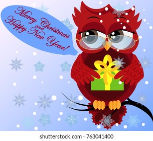 Sweet cartoon coquettish red owl with a Christmas present sitting on a branch and talking Happy Christmas and a happy new year. Christmas card