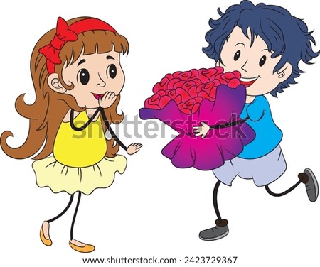 Sweet cartoon couple: Boy surprises girl with bouquet of flowers. Adorable romantic gesture captured in illustration
