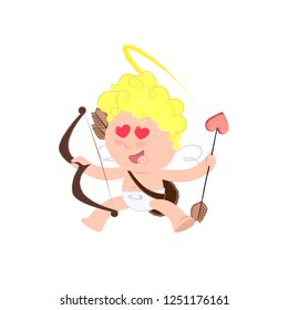 Sweet cartoon Cupid with heart shaped eyes holding bow and arrow. Love concept. Vector illustration can be used for topics like party invitation, Valentines day, celebration