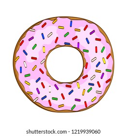 Sweet cartoon donut with pink glaze on white, stock vector illustration