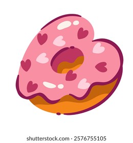 Sweet cartoon donut in shape of heart with pink icing and candy sprinkles on top. Funny doughnut with glaze as love gift. Valentines day, bakery mascot, cartoon cute donut vector illustration