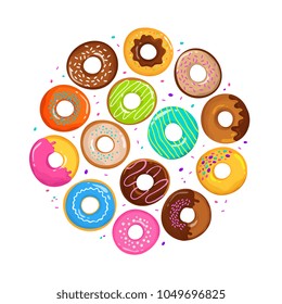 Sweet cartoon donuts in round form vector. Illustration of donut food dessert, sweet bakery