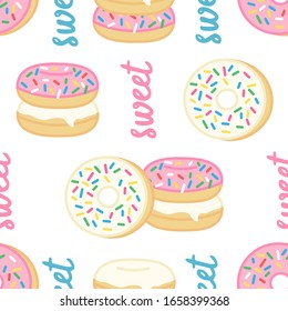 sweet cartoon donuts seamless pattern on white background, editable vector illustration for decoration, fabric, textile, paper, banner, print