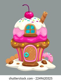 Sweet cartoon fairy tale home. Cute fantasy building making of candies, waffles, cream, cakes, chocolate and other sweets. Birthday cake looks like magic candy house. Vector illustration.