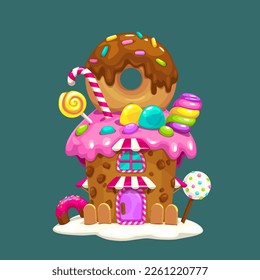 Sweet cartoon fairy tale home. Cute fantasy building making of donut, candies, lollypops, cream, cakes, chocolate and other sweets. Birthday cake looks like magic candy house. Vector illustration.