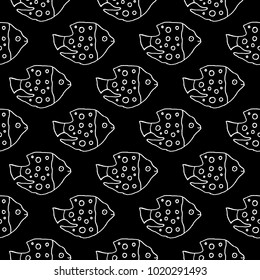 Sweet cartoon fish pattern with hand drawn funny fish. Cute vector black and white fish pattern. Seamless monochrome fish pattern for fabric, wallpapers, wrapping paper, cards and web backgrounds.