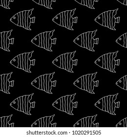 Sweet cartoon fish pattern with hand drawn funny fish. Cute vector black and white fish pattern. Seamless monochrome fish pattern for fabric, wallpapers, wrapping paper, cards and web backgrounds.