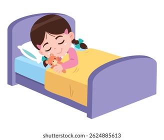 A sweet cartoon girl peacefully sleeping in bed while hugging a teddy bear, wrapped in a yellow blanket and smiling gently.
