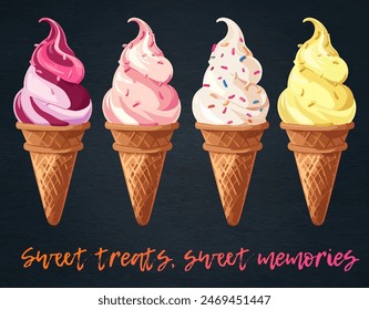 Sweet Cartoon Ice Cream Cones Vector Illustration. Delightful vector icon of cartoon ice cream cones on black chalkboard. Each waffle cone is filled with a different flavor of colorful ice cream